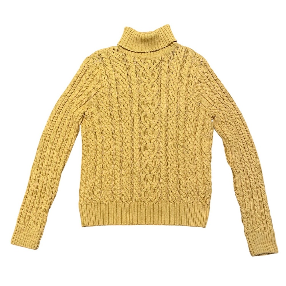 Y2K Turtleneck Sweater Jeanne Pierre Cable Knit Yellow Cotton‎ Preppy EUC
